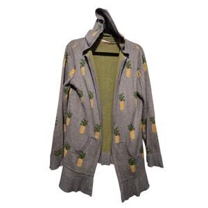 Belldini Pineapple Hooded Open Cardigan Sweater Womens XL Gray Yellow Whimsical